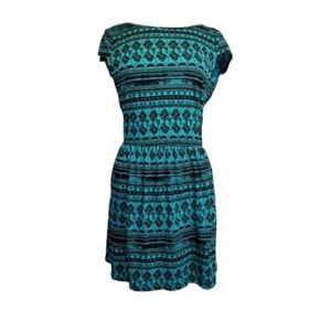 Spanish Open Back Green & Black Geometric Dress